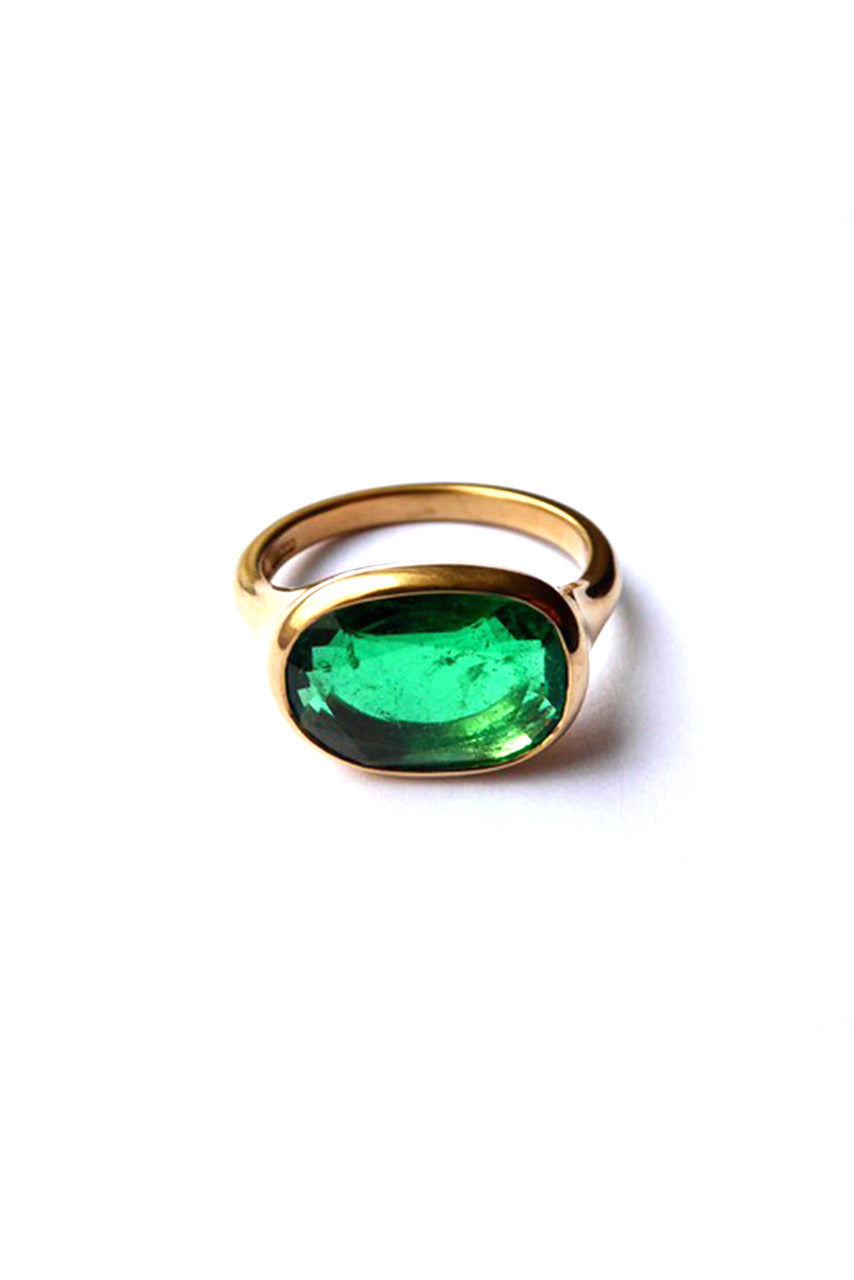 Cushion Cut Emerald Set in a 22K Yellow Gold Signet-Type Ring