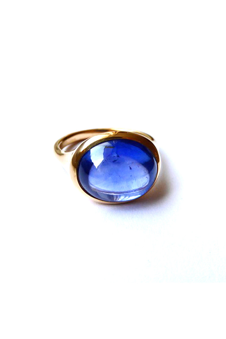 Blue Sapphire Cabochon Set in a Handmade 22K Gold Signet-Type Ring