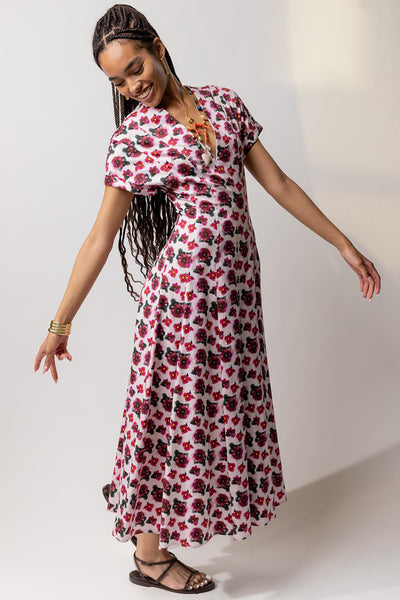 V Neck Dress in African Red Violet Cotton