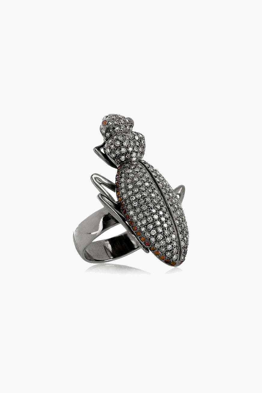 18K Oxidized Gold Ground Beetle Ring with Diamonds