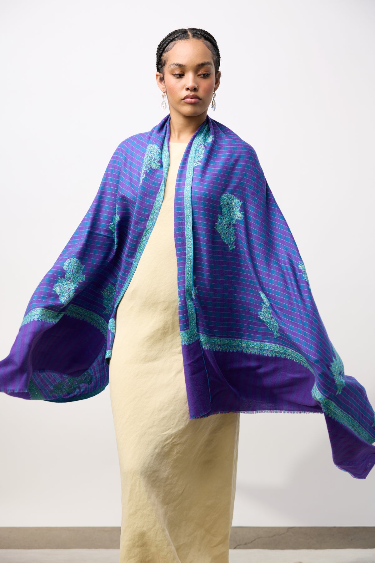 Embroidered Shawl - Blue/Purple Stripes