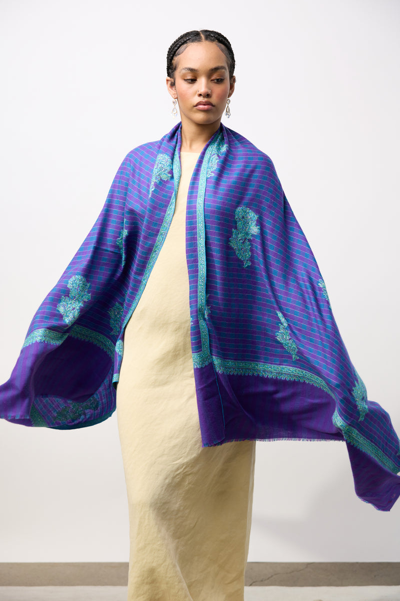 Embroidered Shawl - Blue/Purple Stripes