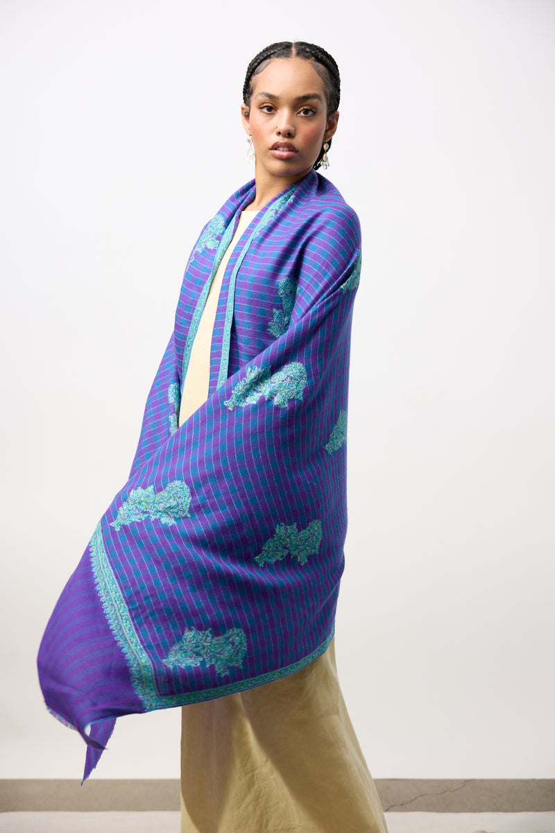 Embroidered Shawl - Blue/Purple Stripes