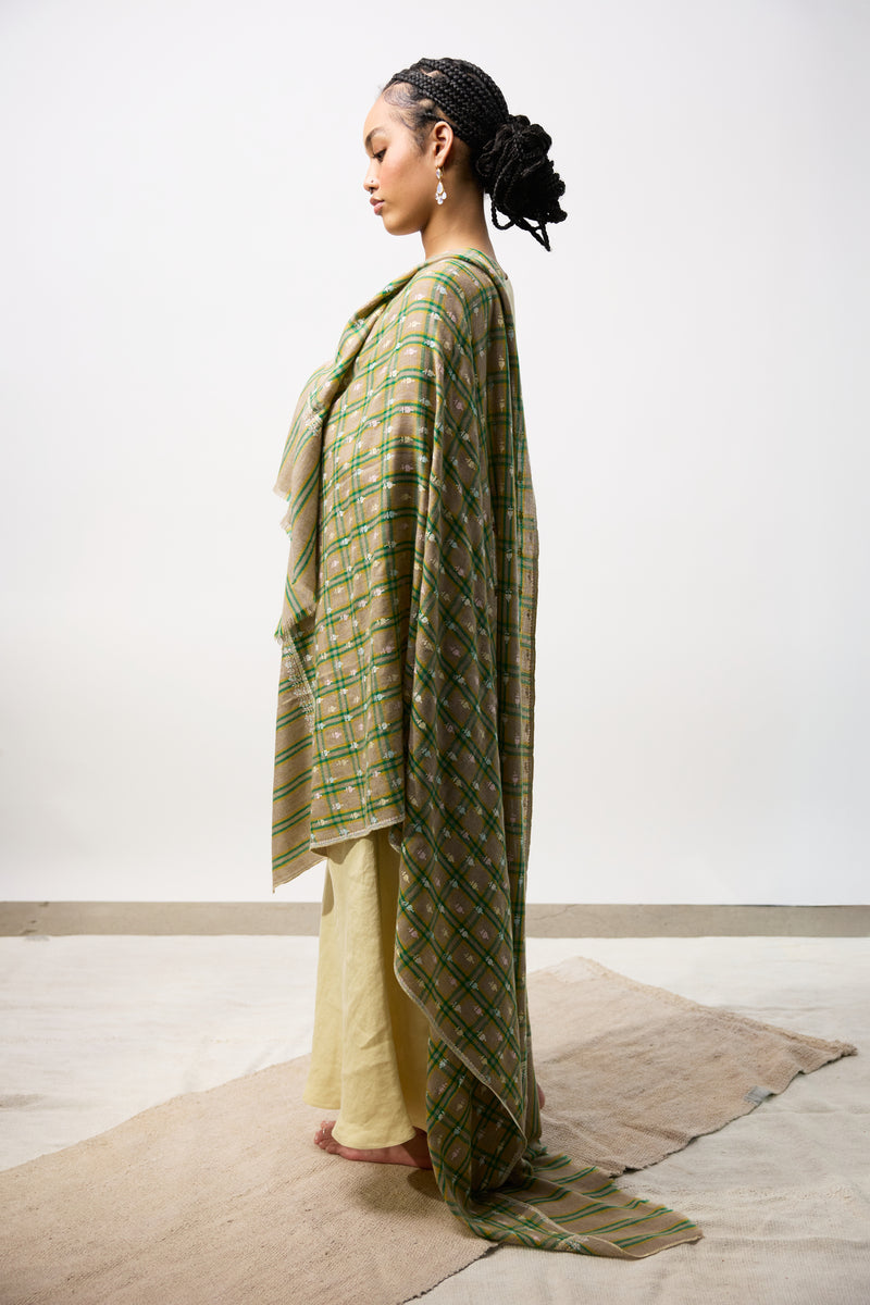 Embroidered Shawl - Taupe/Green