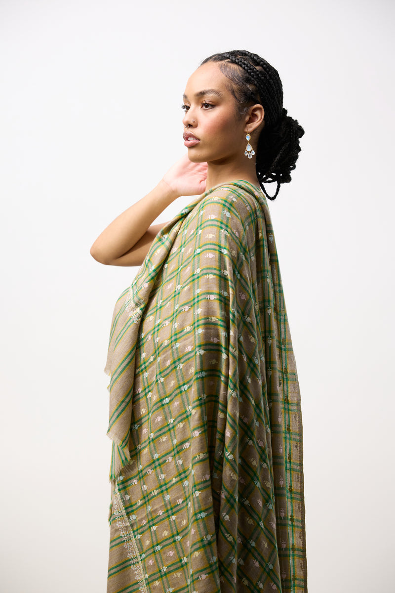 Embroidered Shawl - Taupe/Green