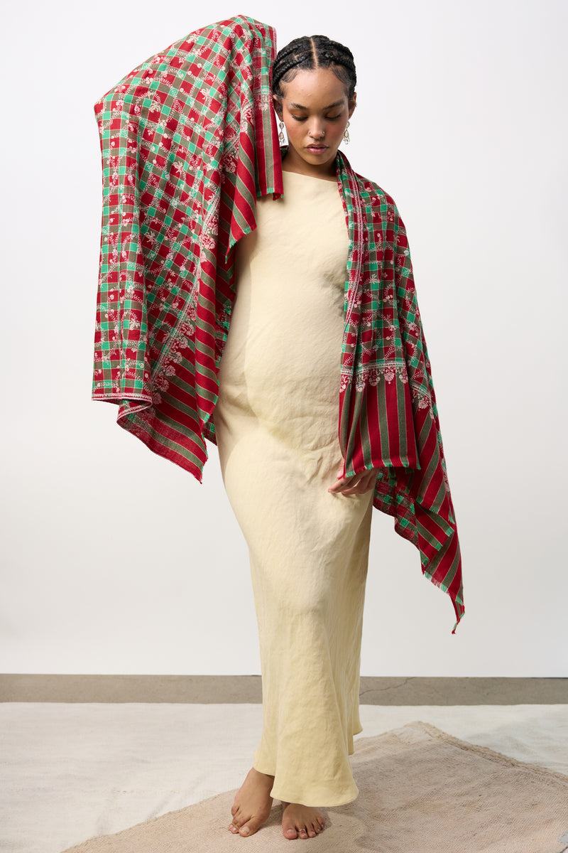 Embroidered Shawl - Red/Green Spirals