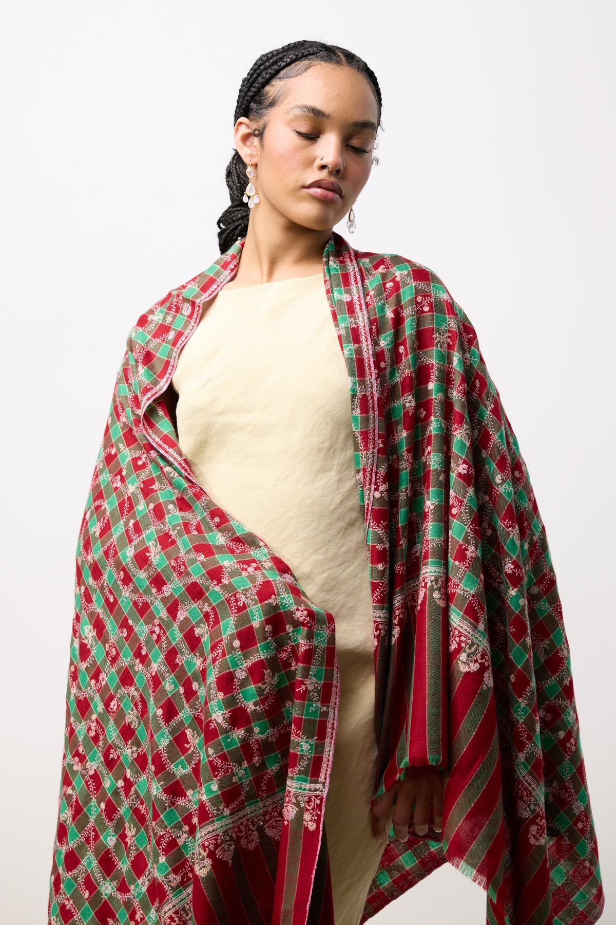 Embroidered Shawl - Red/Green Spirals