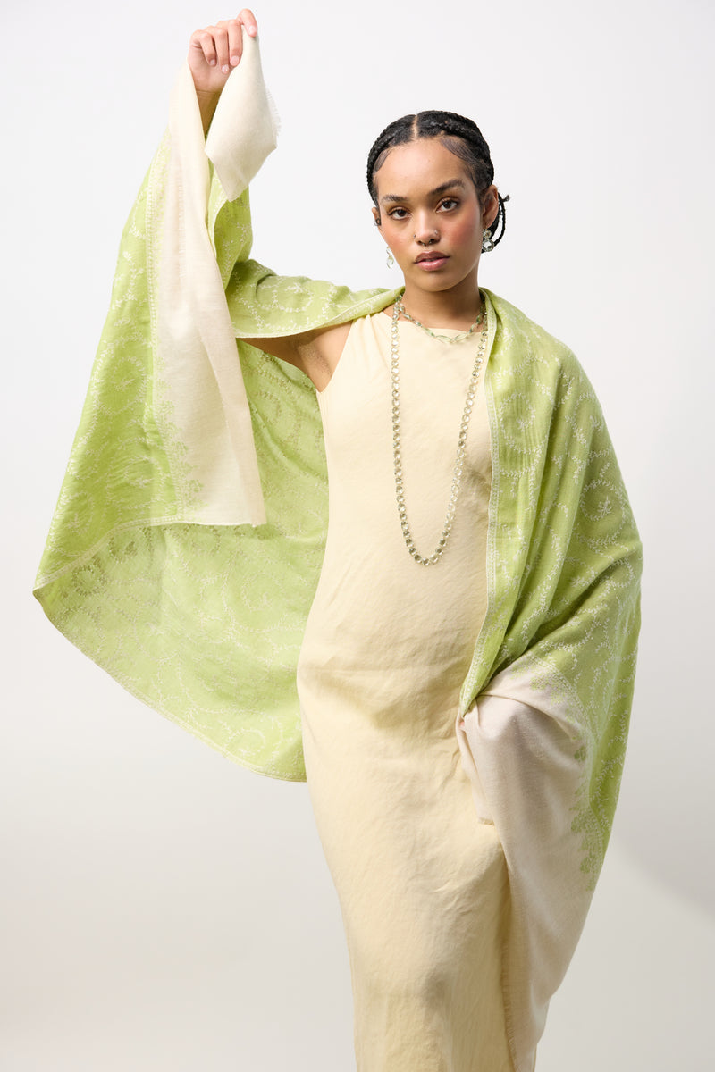 Embroidered Shawl - Green/Ivory
