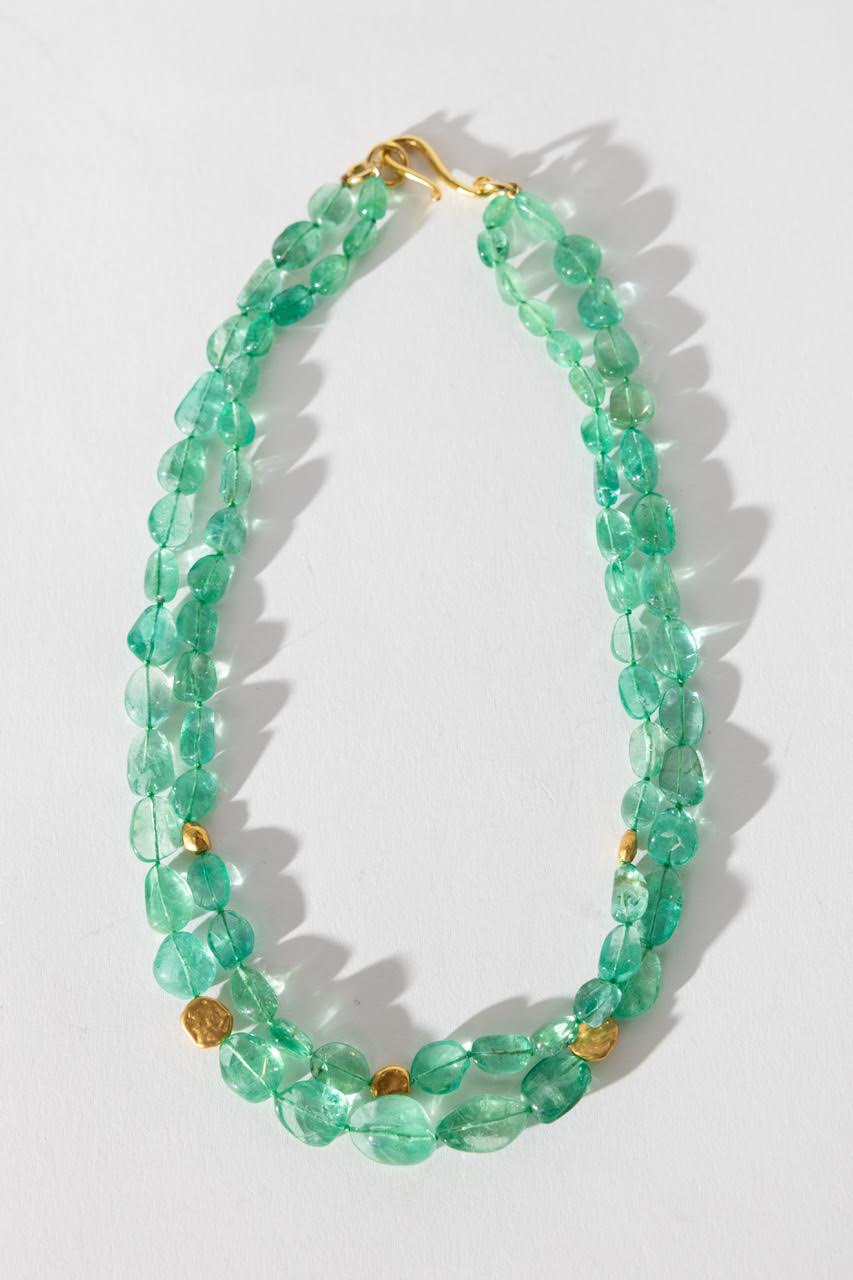 2 Strand Gem Tumbled Emerald Necklace with Coin and Rice Nuggets