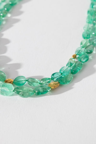 2 Strand Gem Tumbled Emerald Necklace with Coin and Rice Nuggets