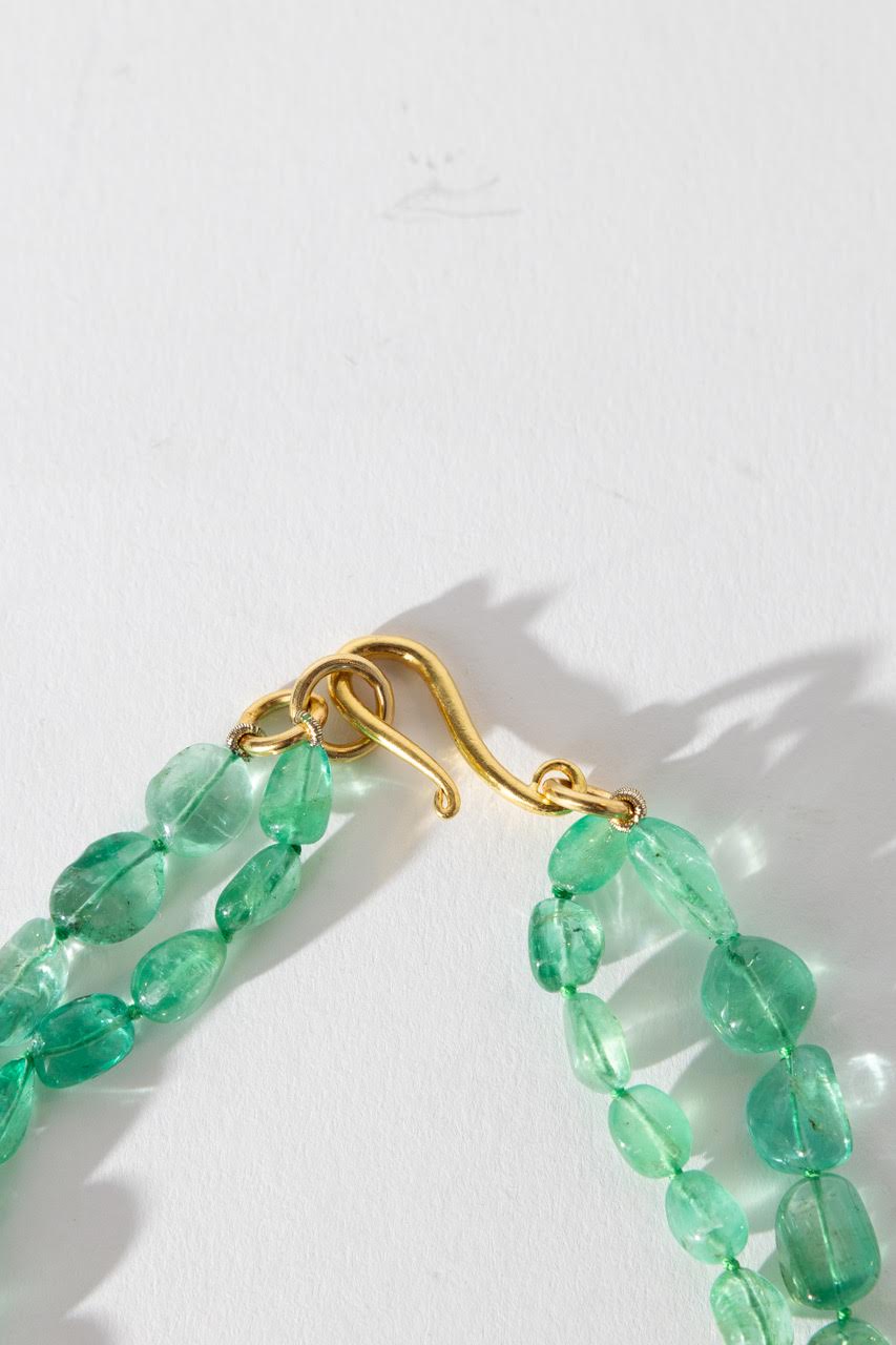 2 Strand Gem Tumbled Emerald Necklace with Coin and Rice Nuggets