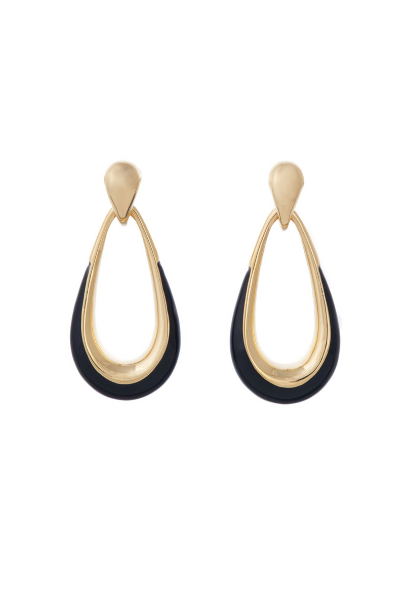 18K Yellow Gold Black Enamel Door Knocker Earrings