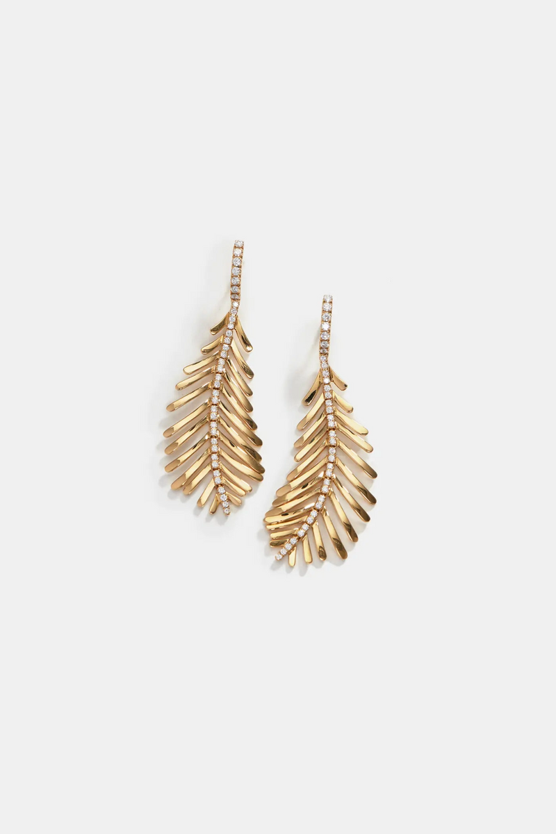 18K Yellow Gold Plume Earrings with Diamond Spine