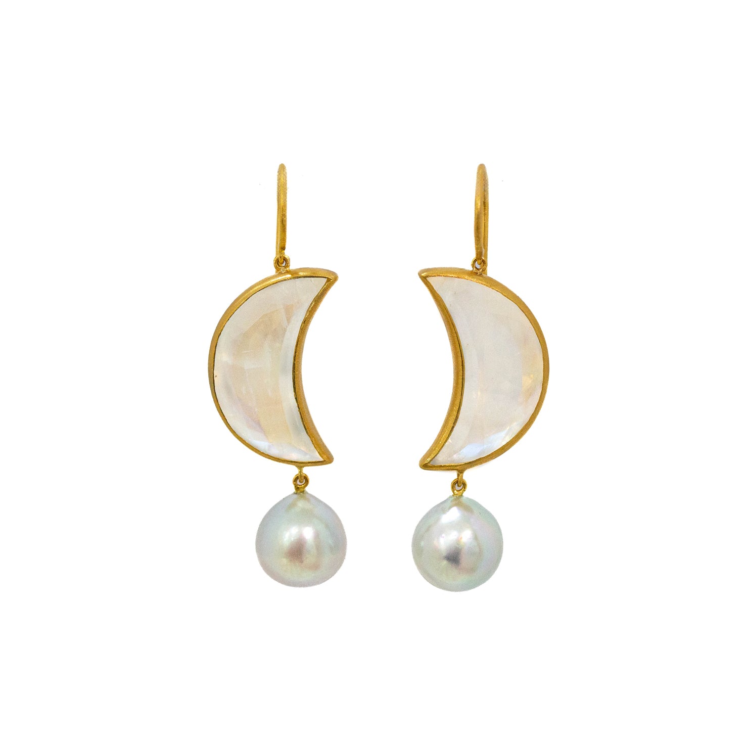 22K Yellow Gold Rainbow Moonstone and Pearl Earrings