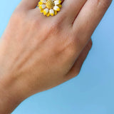 Marie-Helene de Taillac 22K YG Enamel Pink & Yellow Sunflower Ring