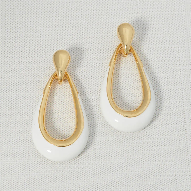 18K Yellow Gold White Enamel Door Knocker Earrings