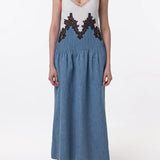 Althea Lace Slip Maxi Dress in Light Blue Recycled Cotton Linen Denim