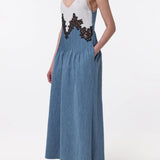 Althea Lace Slip Maxi Dress in Light Blue Recycled Cotton Linen Denim