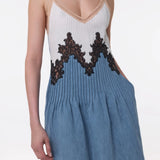 Althea Lace Slip Maxi Dress in Light Blue Recycled Cotton Linen Denim