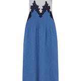 Althea Lace Slip Maxi Dress in Light Blue Recycled Cotton Linen Denim