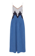 Althea Lace Slip Maxi Dress in Light Blue Recycled Cotton Linen Denim