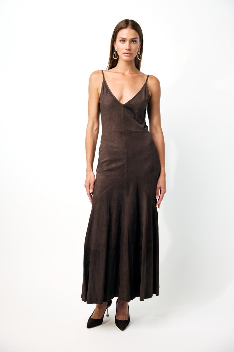 Brigita Slip Dress in Dark Chocolate Suede