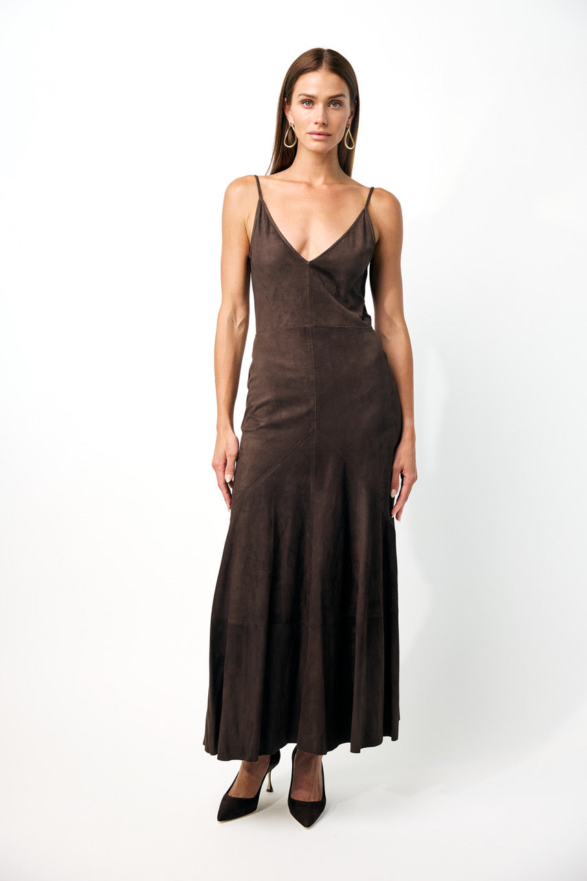 Brigita Slip Dress in Dark Chocolate Suede