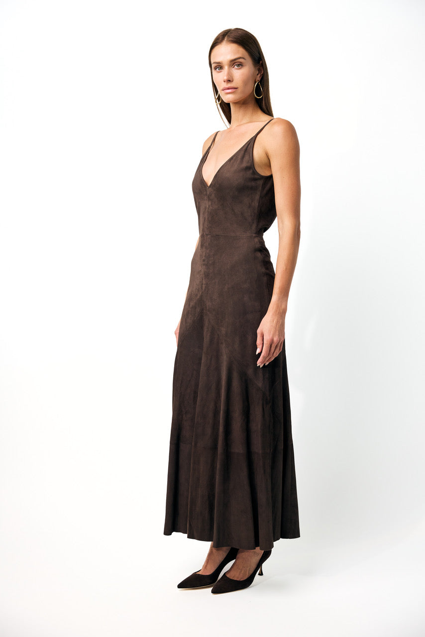 Brigita Slip Dress in Dark Chocolate Suede