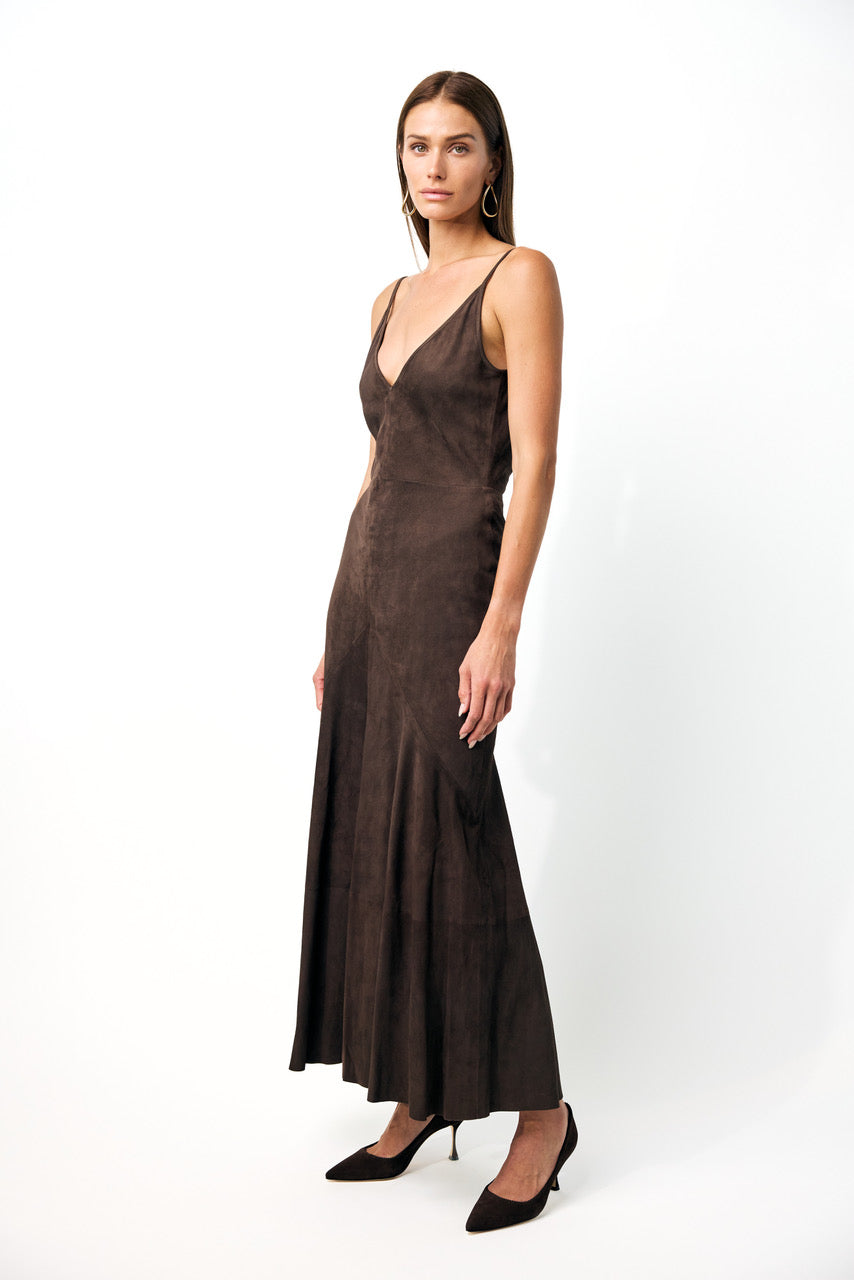 Brigita Slip Dress in Dark Chocolate Suede