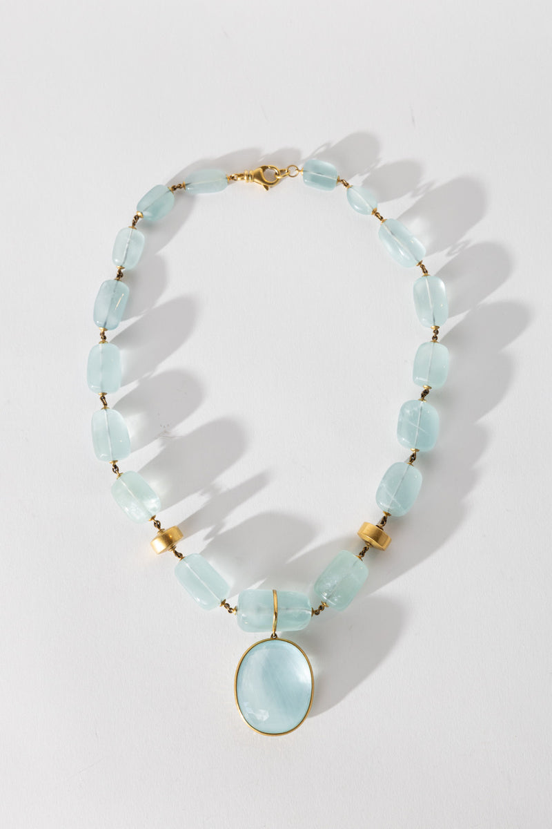 22K Yellow Gold Large Aqua Bead Necklace