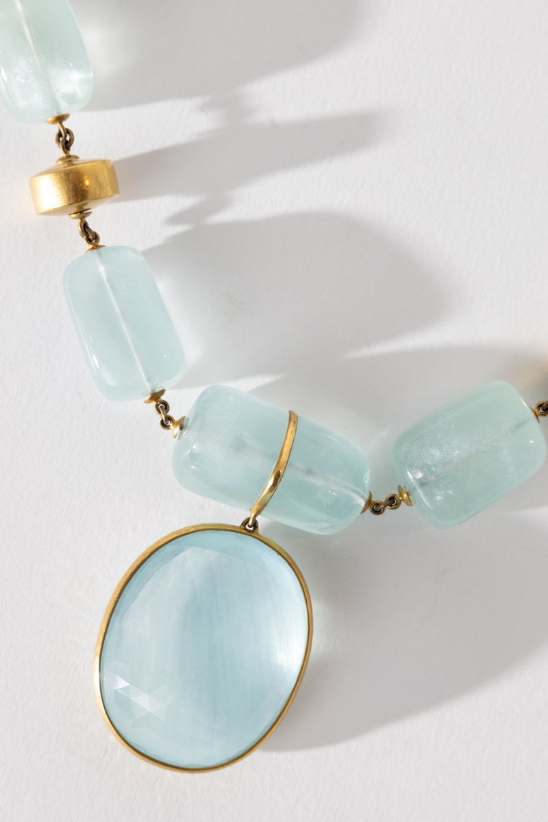 22K Yellow Gold Large Aqua Bead Necklace