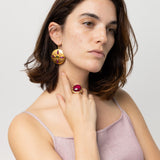 22K Yellow Gold Sheet Discs with Marquis Shaped Cabochon Rubies, Faceted Rubies, and Cabochon Peridot