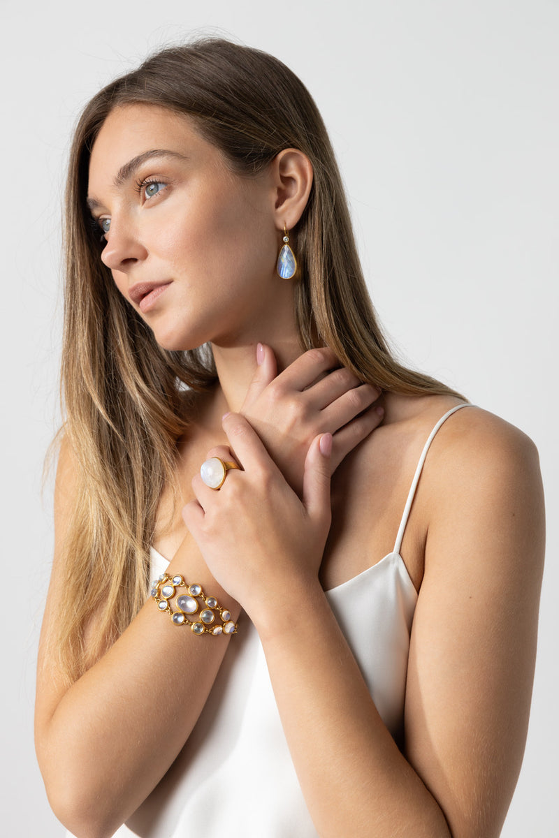 22K Yellow Gold Sliced Rose Cut Rainbow Moonstone Earrings with Diamonds