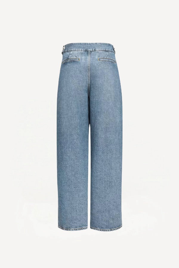 Back view of bleu delave pleated pants on white background, with no model shown.