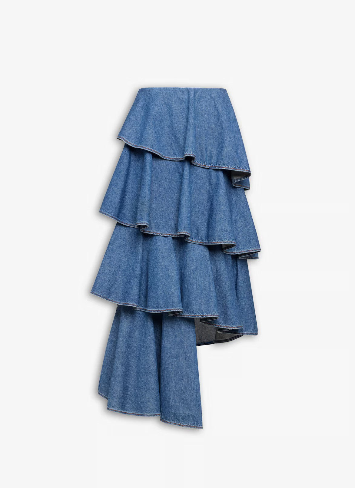 Front view of blue mineral spiral skirt on white background, with no model shown.