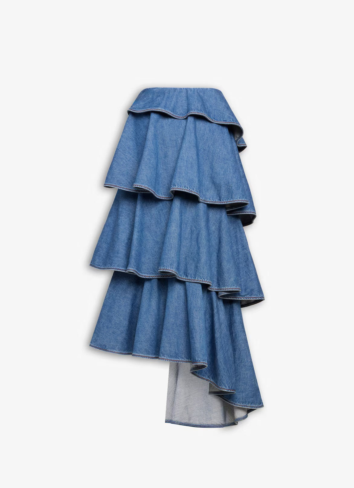 Back view of bleu mineral spiral skirt on white background, with no model shown.