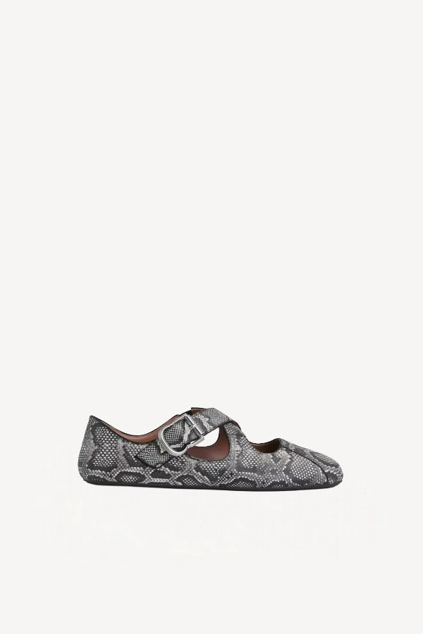 Right side view of white/black criss cross ballet flat on white background, with no model shown.