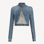 Front view of denim cropped jacket on white background, with no model shown.