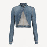 Front view of denim cropped jacket on white background, with no model shown.