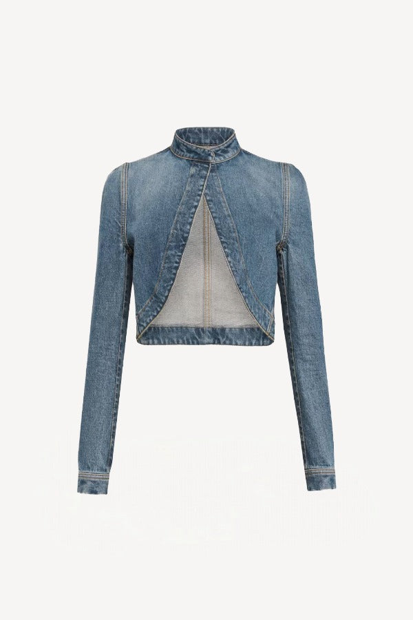 Front view of denim cropped jacket on white background, with no model shown.