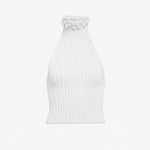 Front view of blanc halter top on white background, with no model shown.