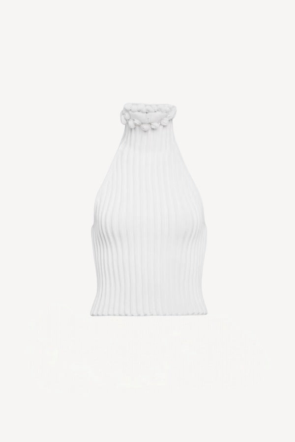 Front view of blanc halter top on white background, with no model shown.