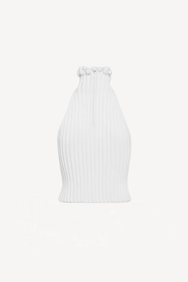 Back view of blanc halter top on white background, with no model shown.