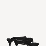Pair view of noir heel thong mule in velvet on white background, with no model shown.