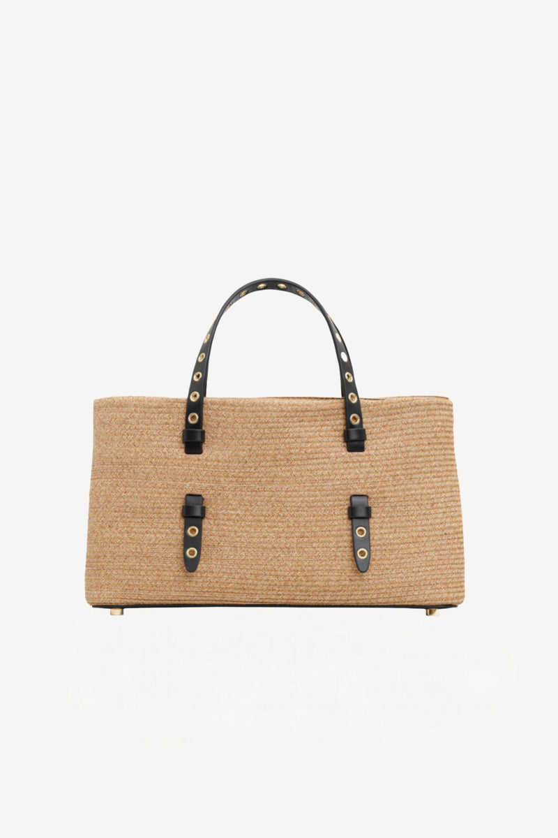 Front view of natural bag in straw on white background, with no model shown.