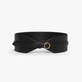 Front view of black large belt on white background, with no model shown