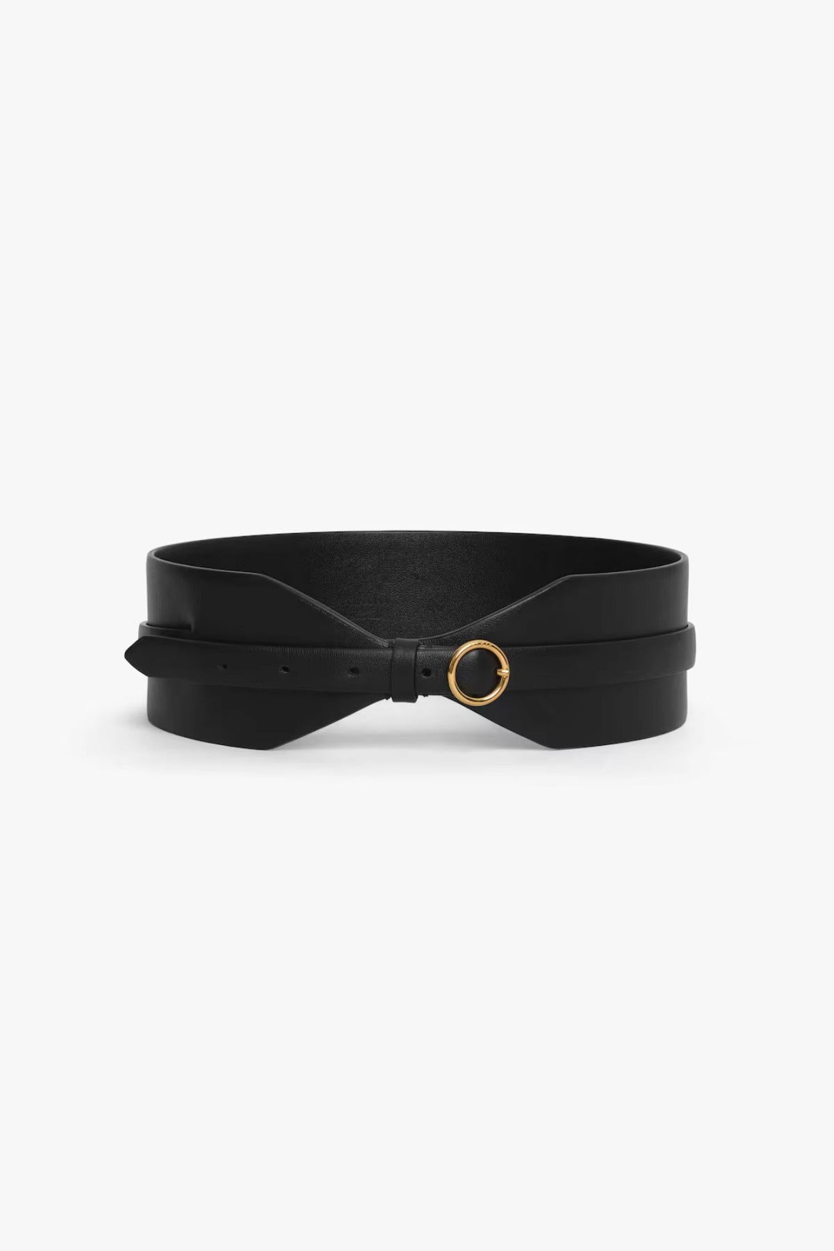 Front view of black large belt on white background, with no model shown