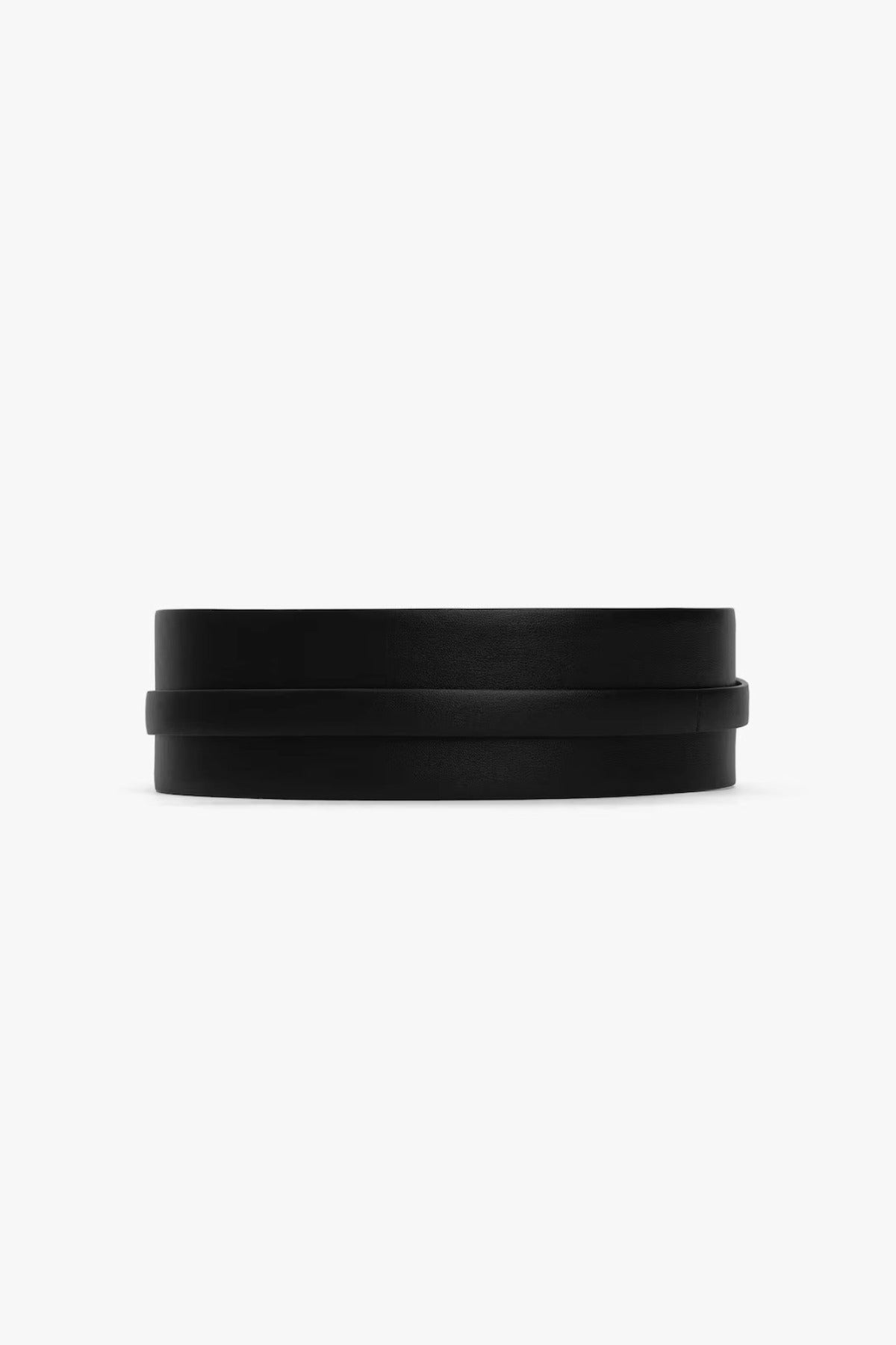 Back view of black large belt on white background, with no model shown.