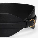 Side closeup view of black large belt on white background, with no model shown.
