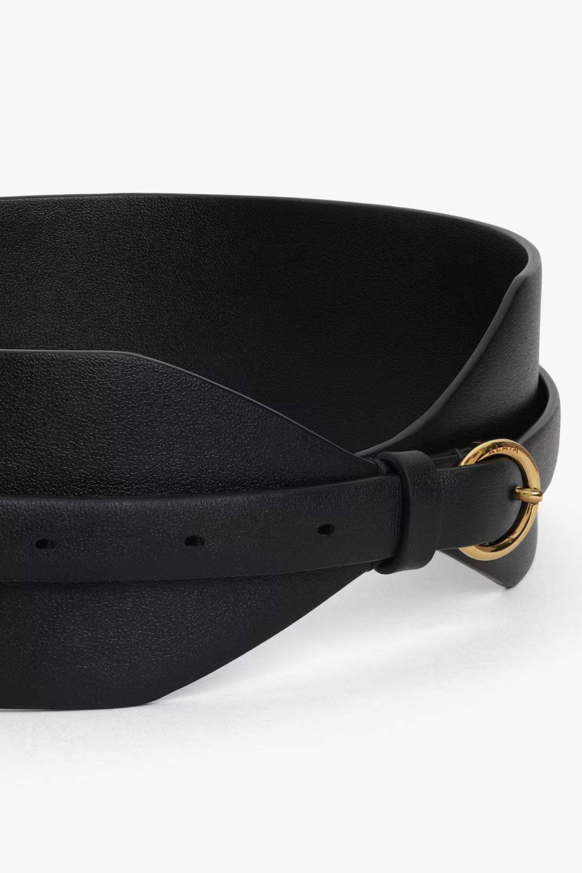 Side closeup view of black large belt on white background, with no model shown.